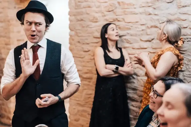 ‘He has a cracking personality and will have all your guests in stitches’ Cara and Jon got married @kingscotebarn photos captured by the one and only @jamesfearphotography .
.
.
.
.
.
.
#kingscotebarnwedding #kingscotebarnmagician #kingscotebarn #jamesfearphotography #fearphotography #darrencampbellmagic #darrencampbellmagician #magicianinthehat #winterwedding 
#weddingday #weddinginspiraton #weddingentertainment&nbsp;#weddingvenue&nbsp;#goodvibes #weddingphotography